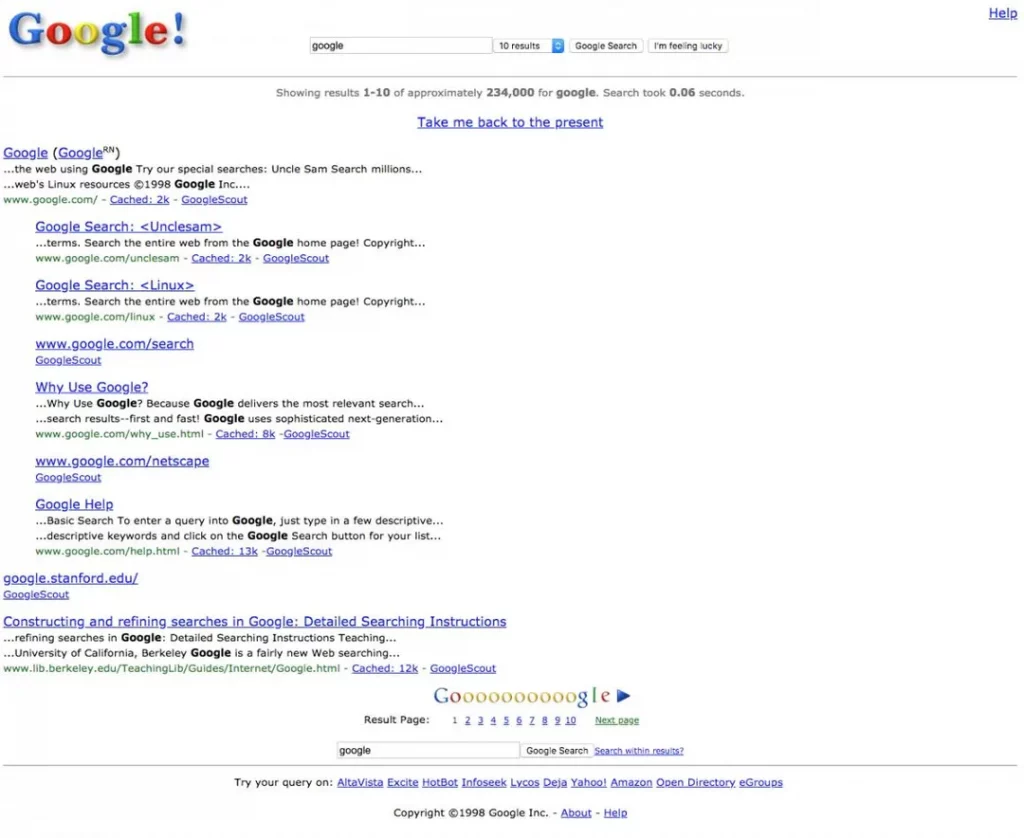 Page de résultats Google 1998