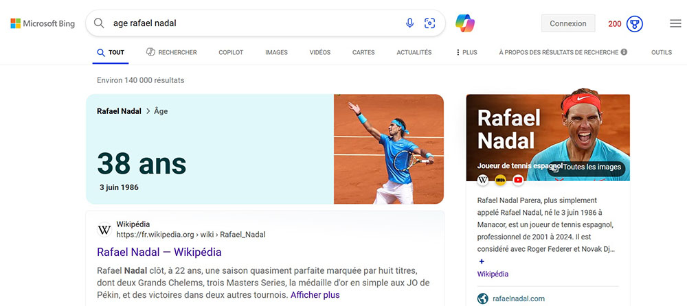 Page de resultats avec age de rafael nadal