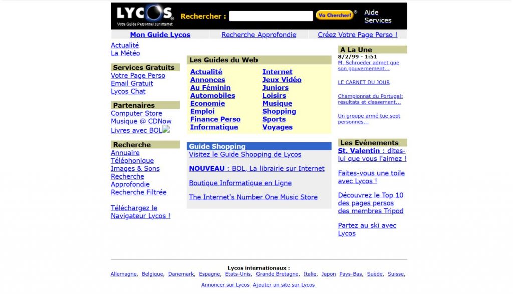 Page d'accueil Lycos en 1999